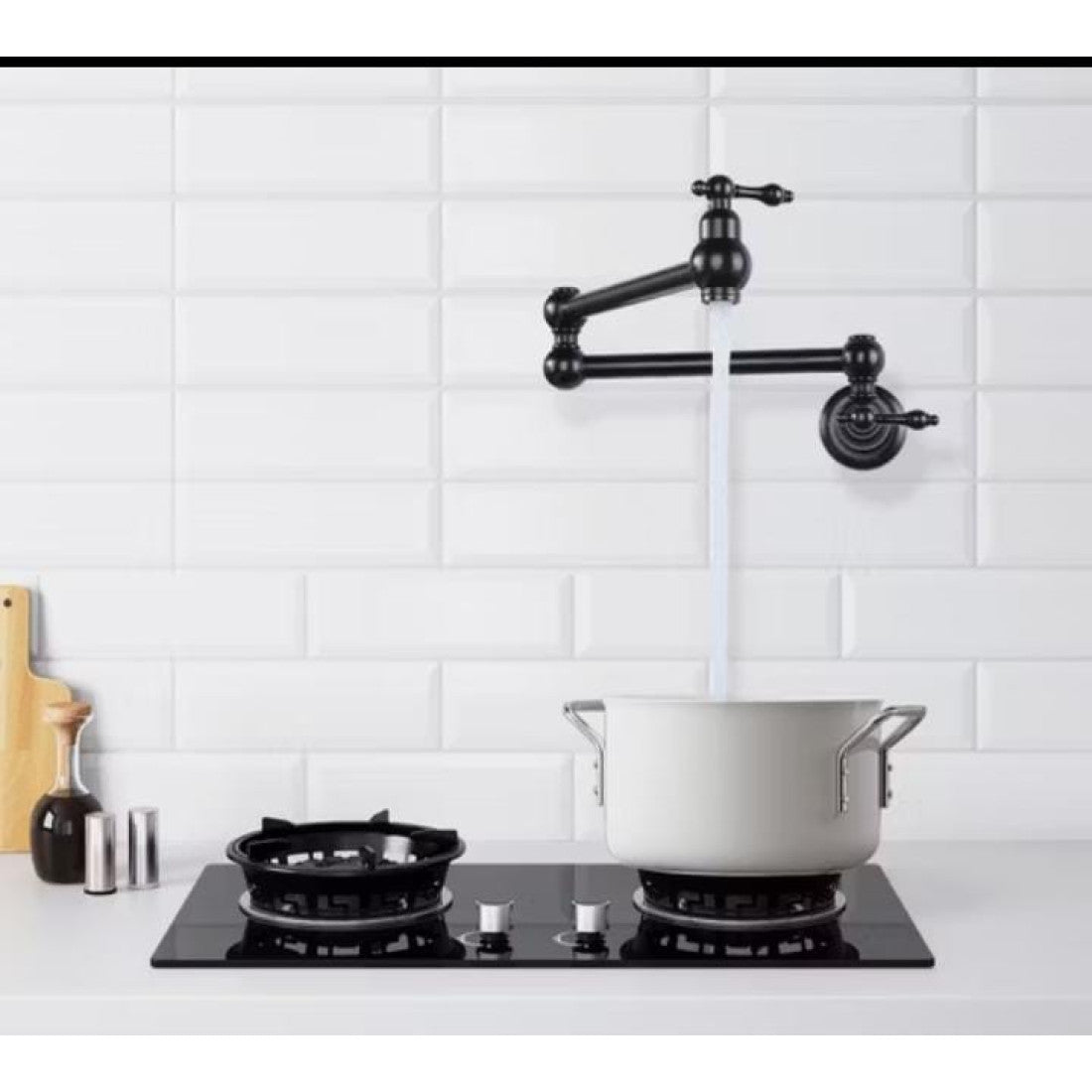 Pot Filler حنفية بوتاجاز كلاسيك / حنفية مطبخ حديث مثبت على الحائط تركب فوق البوتاجاز قابل للطي اللون اسود
