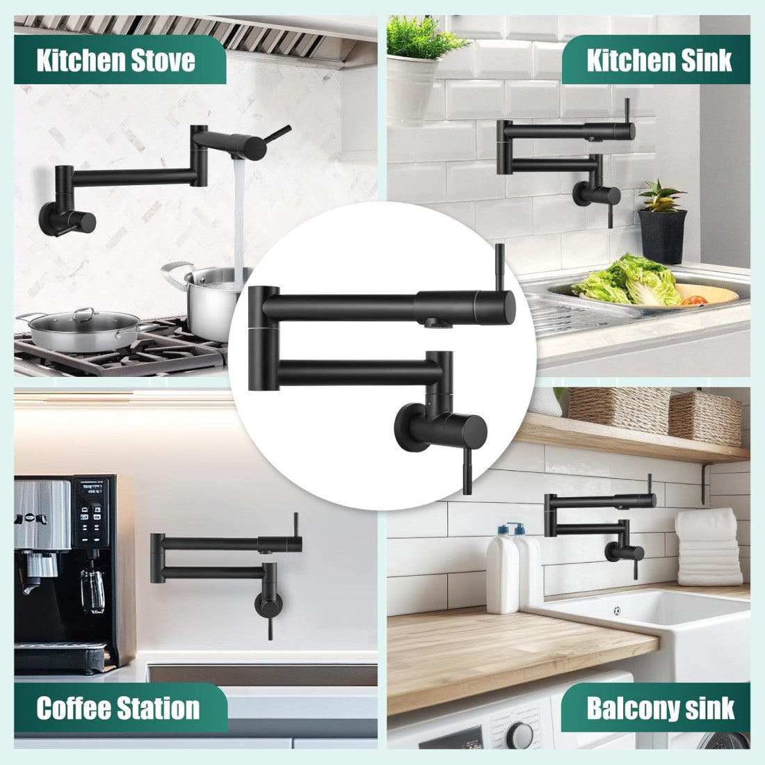 Pot Filler حنفية بوتاجاز / حنفية مطبخ تركب فوق بوتجاز مثبته علي الحائط قابل للطي اللون اسود