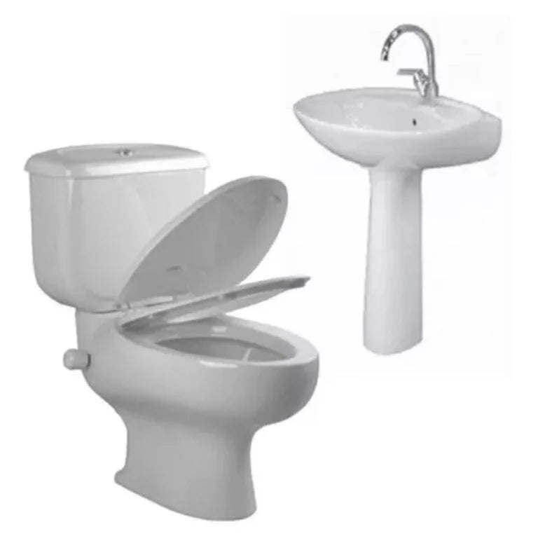 طقم حمام نيو كابرى كامل بالخزان والعده وسيدالى ذاتى الغلق وحوض بالعامود الطويل 50سم من ايديال ستاندرد لون ابيض
