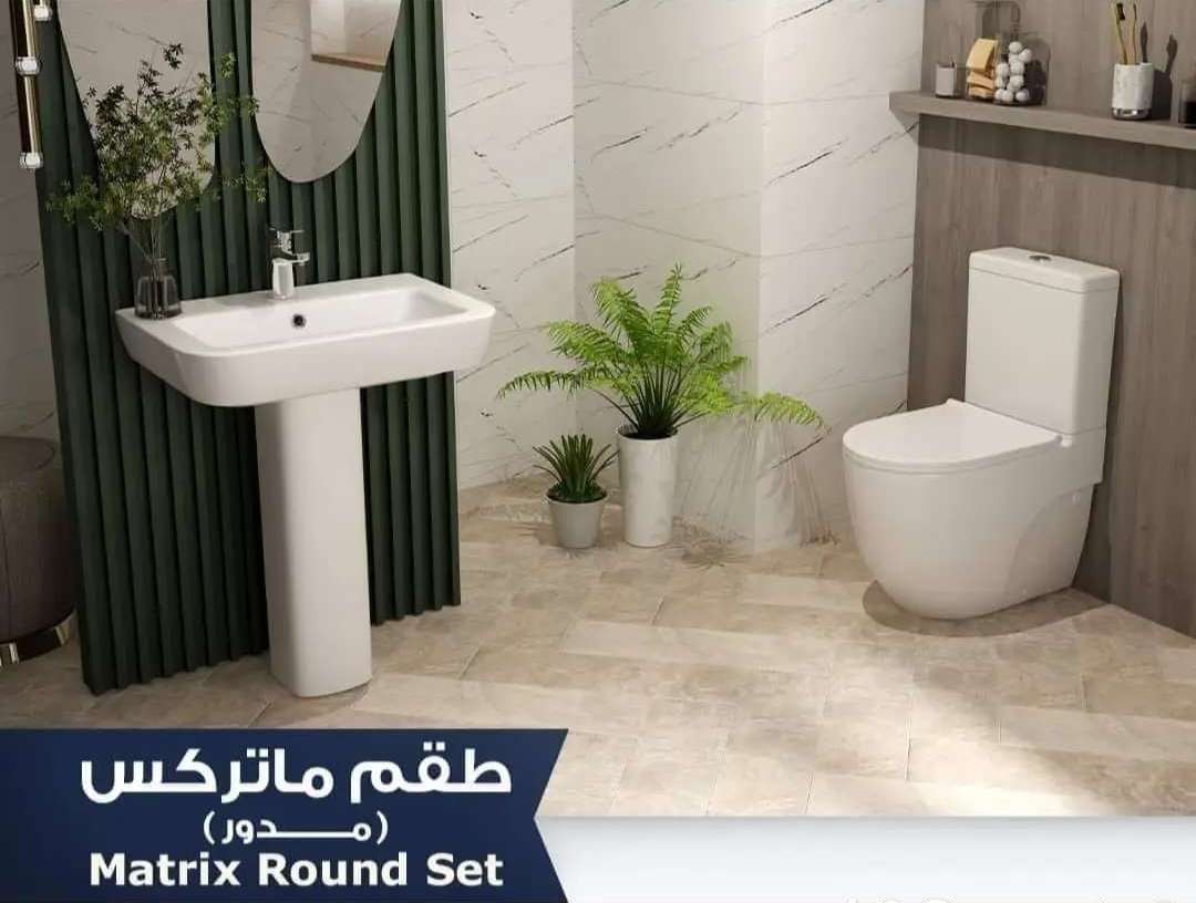 طقم حمام / ماتركس مرحاض مدور بطقم شطاف وسيديلى ذاتى الغلق وخزان بماكينة الصرف ضاغط مزدوج لون ابيض وحوض بعامود طويل مقاس ٦٥ من ليسيكو لون ابيض
