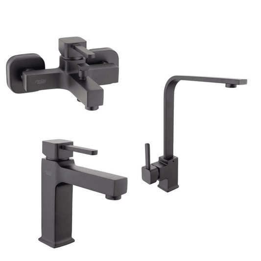 طقم خلاط 3 قطعة فوشيا ( خلاط بانيو و خلاط حوض مسبك و خلاط شجرة قنطرة عالية  مطبخ ) اللون أسود  من ارموس تركى