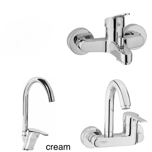 طقم خلاط مكون من 3قطع موديل cream(خلاط بانيو +خلاط مطبخ حائطى+خلاط حوض )لون نيكل من أرموس تركى