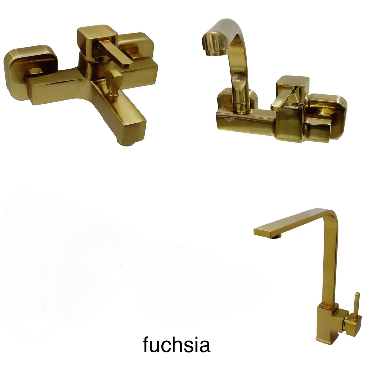 طقم خلاط مكون من 3قطع موديل Fuschsia(خلاط بانيو+خلاط مطبخ حائطى+خلاط شجرة قنطرة عالية) لون جولد من أرموس تركى