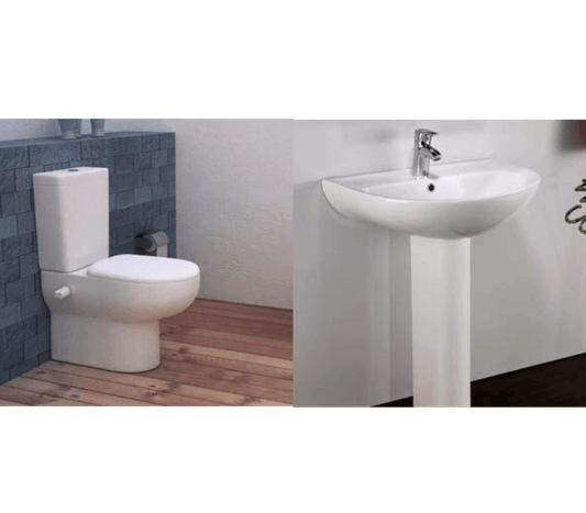 طقم حمام بلان مرحاض ملاصق للحائط سيديلى ذاتى الغلق و حوض مقاس 65 سم بالعامود الطويل من أيديال ستاندرد