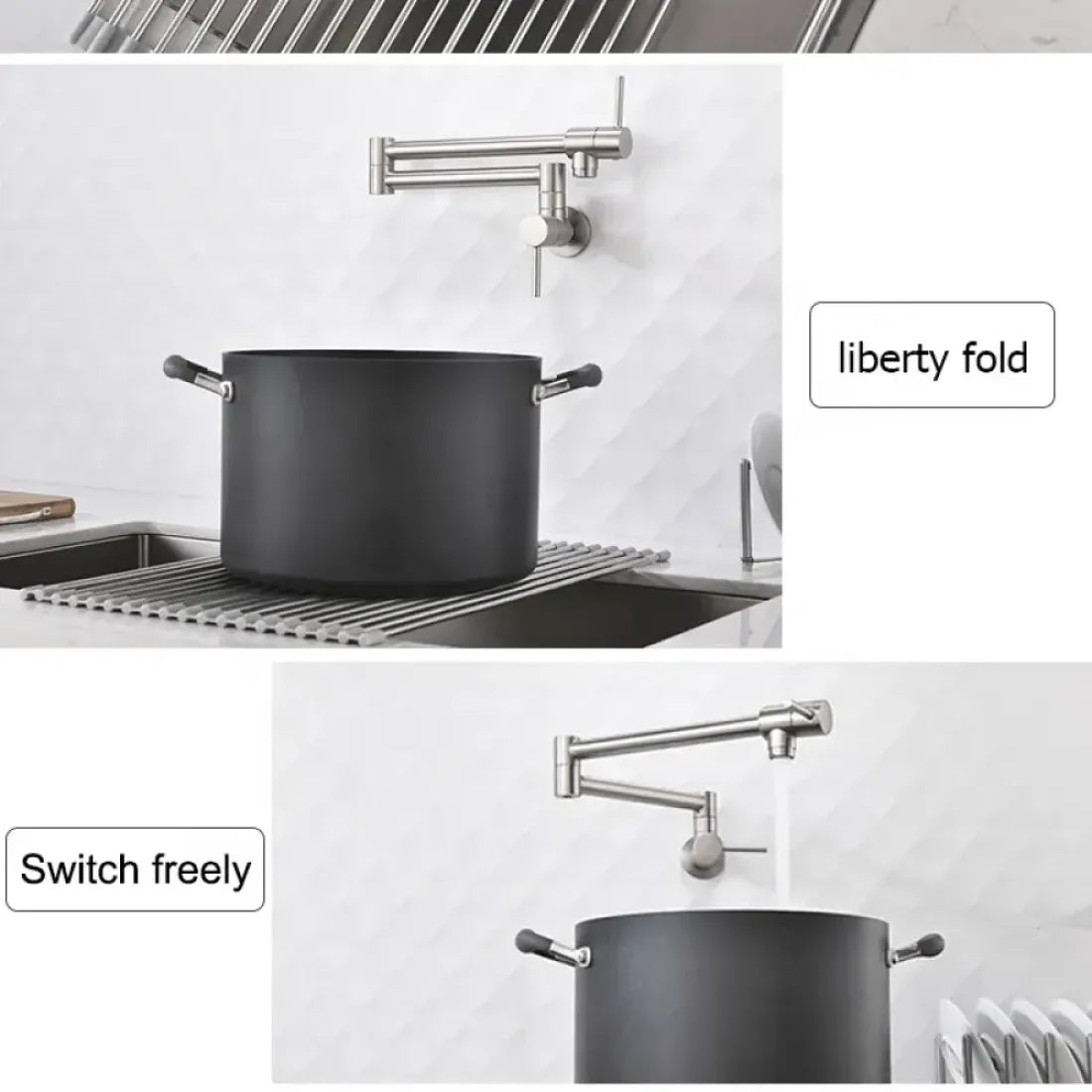 Pot Filler حنفية بوتاجاز / حنفية  مطبخ حديث مثبت على الحائط قابل للطي يركب فوق بوتاجاز من النيكل المصقول اللون استلس كروم