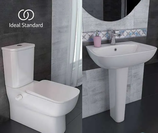 طقم حمام نيو ايسيدرا ملاصق للحائط كامل بالخزان والعده وسيدالى ذاتى الغلق وحوض بالعامود الطويل 65سم من ايديال ستاندرد لون ابيض