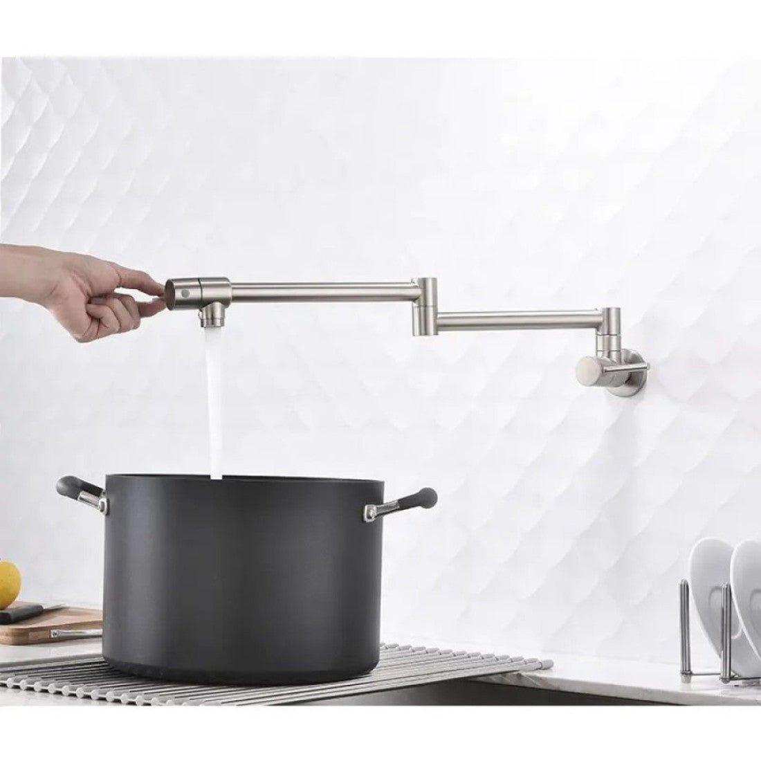 Pot Filler حنفية بوتاجاز / حنفية  مطبخ حديث مثبت على الحائط قابل للطي يركب فوق بوتاجاز من النيكل المصقول اللون استلس كروم