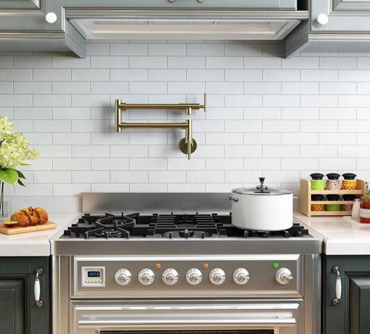 Pot Filler حنفية بوتاجاز / حنفية حوض مطبخ تركب فوق بوتجاز مثبته علي الحائط قابل للطي لون دهبى