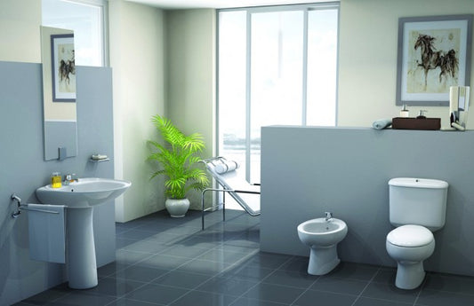 طقم حمام نيو كابرى كامل بالخزان والعده وسيدالى ذاتى الغلق وحوض بالعامود الطويل 50سم من ايديال ستاندرد لون ابيض