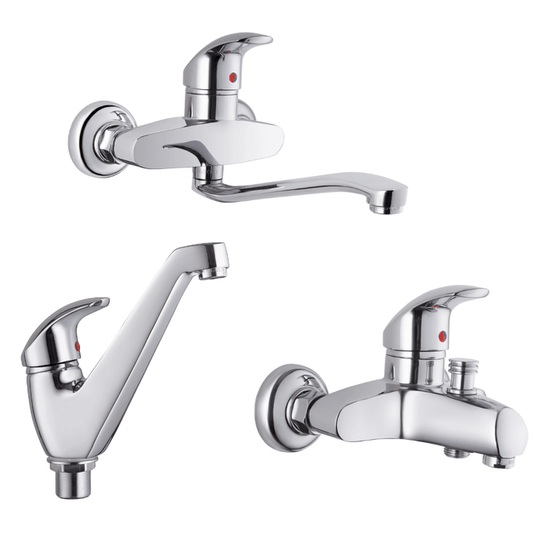 طقم خلاطات جولد مكون من 3قطع ( خلاط حوض  + خلاط بانيو  + خلاط مطبخ حائطى  ) اللون كروم من جولد