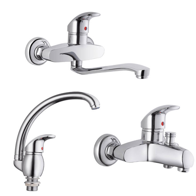 طقم خلاطات جولد مكون من 3قطع ( خلاط حوض شجره  + خلاط بانيو  + خلاط مطبخ حائطي  ) اللون كروم من جولد