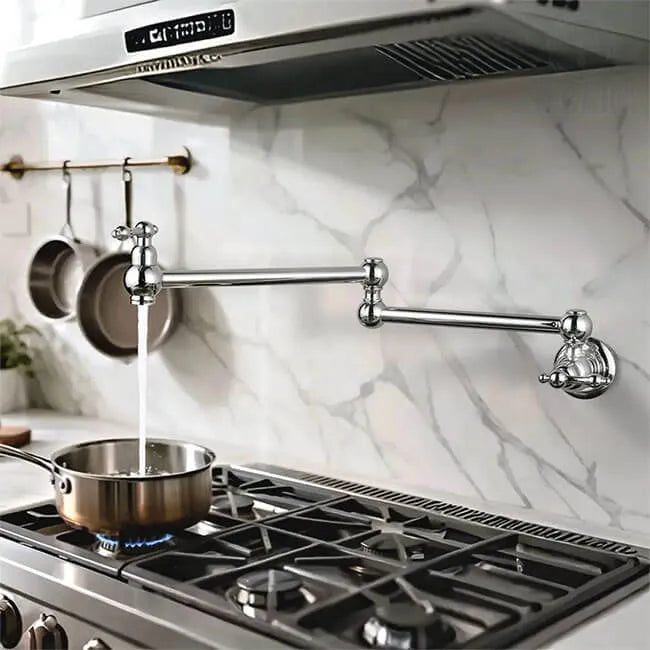 Pot Filler حنفية بوتاجاز كلاسيك / حنفية مطبخ حديث مثبت على الحائط تركب فوق البوتاجاز قابل للطي اللون نيكل